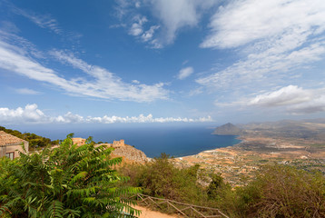 Fototapeta na wymiar Erice, Sicily, Italy - Panoramic view from Erice at Mediterranean sea (Tyrrhenian sea), Trapani province.