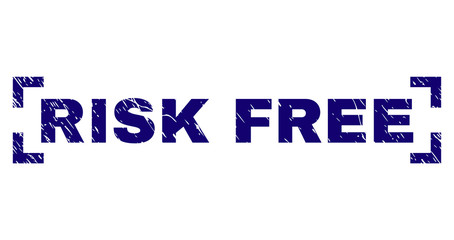 RISK FREE tag seal print with distress style. Text tag is placed inside corners. Blue vector rubber print of RISK FREE with unclean texture.