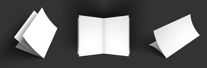 Magazine, booklet, postcard, flyer, trifold or brochure mockup template. Good for business presentations and advertisements. Mockup set on dark background. Vector Illustration.