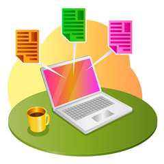 Workplace with laptop - vector illustration on white background. A composition with a desk, cup of coffee, infographic text file on computer screen - Vector