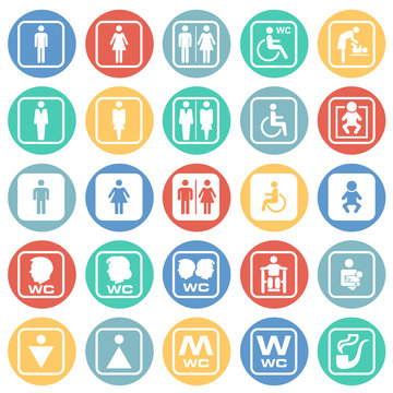 Restroom icons set on color circles white background for graphic and web design, Modern simple vector sign. Internet concept. Trendy symbol for website design web button or mobile app