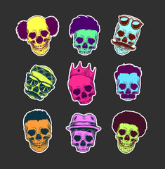 Vector set of skulls with haircut and mustache in crown, hat, sunglasses, sticker pack isolated on background
