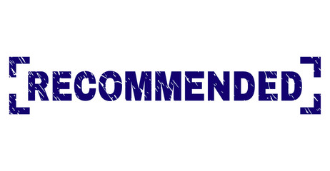 RECOMMENDED label seal watermark with corroded texture. Text title is placed between corners. Blue vector rubber print of RECOMMENDED with corroded texture.