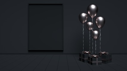Silver Balloons And Gift Boxes With Empty Banner Space For Birthday, Party Or Events On Matte Black Background - 3D Illustration