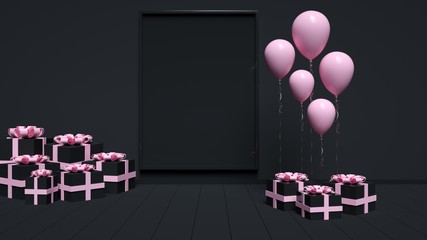 Pink Balloons And Gift Boxes With Empty Banner Space For Birthday, Party Or Events On Matte Black Background - 3D Illustration