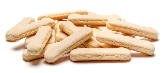 Traditional Italian Savoiardi ladyfingers Biscuits on White Background