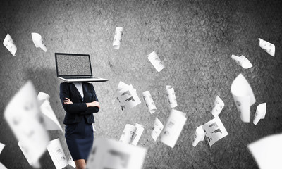 Business woman with laptop instead of head.