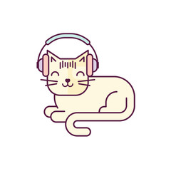 Vector cat listening music with earphones illustration. Music shop logo. Line style pet background. Linear kitten pattern.