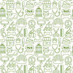 Line style bright colored vector seamless illustration with pets. Linear vet pattern on pink. Line style veterinarian background. Goods for animals.