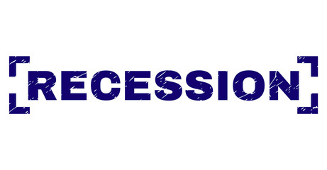 RECESSION text seal watermark with distress texture. Text label is placed between corners. Blue vector rubber print of RECESSION with dirty texture.