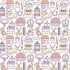 Line style bright colored vector seamless illustration with pets. Linear vet pattern on pink. Line style veterinarian background. Goods for animals.