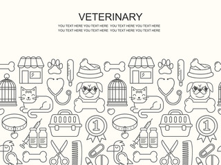 Line style black and white vector illustration with pets icons. Linear vet pattern on white. Line style veterinarian background. Goods for cats and dogs, flyer for print with place for text.