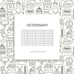 Line style black and white vector illustration with pets icons. Linear vet pattern on white. Line style veterinarian background. Goods for cats and dogs, flyer for print with place for text.