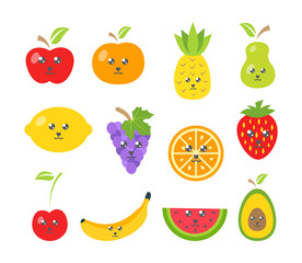Cute fruits in trendy kawaii style