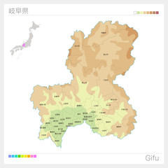 Fototapeta na wymiar 岐阜県の地図（等高線・色分け・市町村・区分け）