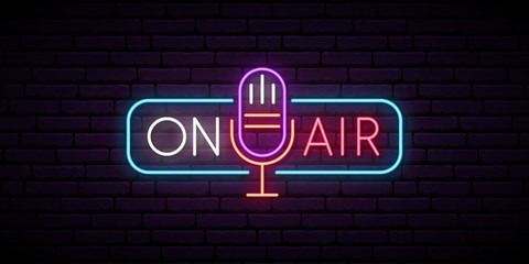 On air neon sign. Retro microphone in frame with inscription On Air. Music or radio emblem. Glowing signboard for radio station. Vector illustration.