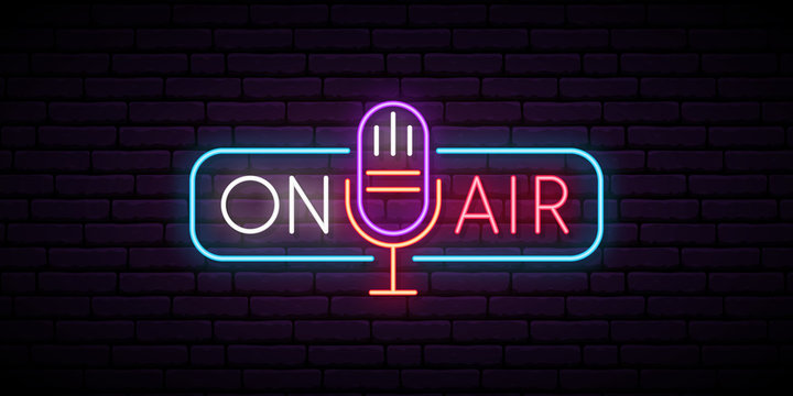 On air neon sign. Retro microphone in frame with inscription On Air. Music or radio emblem. Glowing signboard for radio station. Vector illustration. Stock Adobe Stock