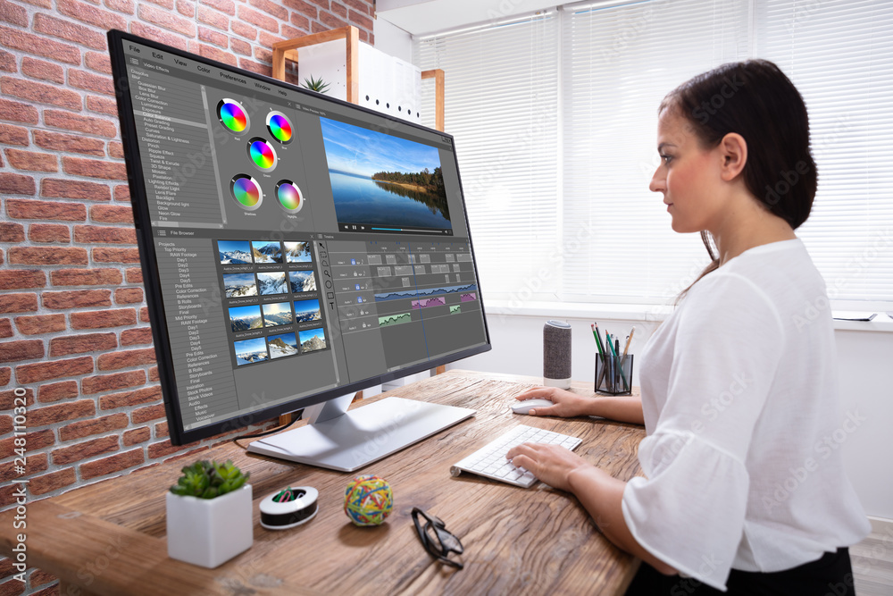 Poster female editor editing video on computer