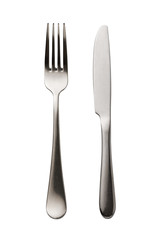 Fork and knife isolated on white background. Top view on cutlery