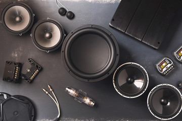 car audio, car speakers, subwoofer and accessories for tuning. - obrazy, fototapety, plakaty