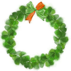 Fototapeta premium St. Patrick Day Shamrock Wreath with Orange-n-Green Tied Bow. Foliage Round Frame Isolated on White Background.