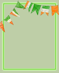 Obraz premium St. Patrick Day Text Template with Irish Colored Flags. Green Glowing Frame with Lucky Charms and Street Decoration.