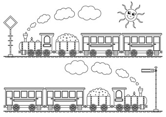 Passenger train, cartoon illustration with locomotive theme set for children, coloring book or page. Black and white - Vector 
