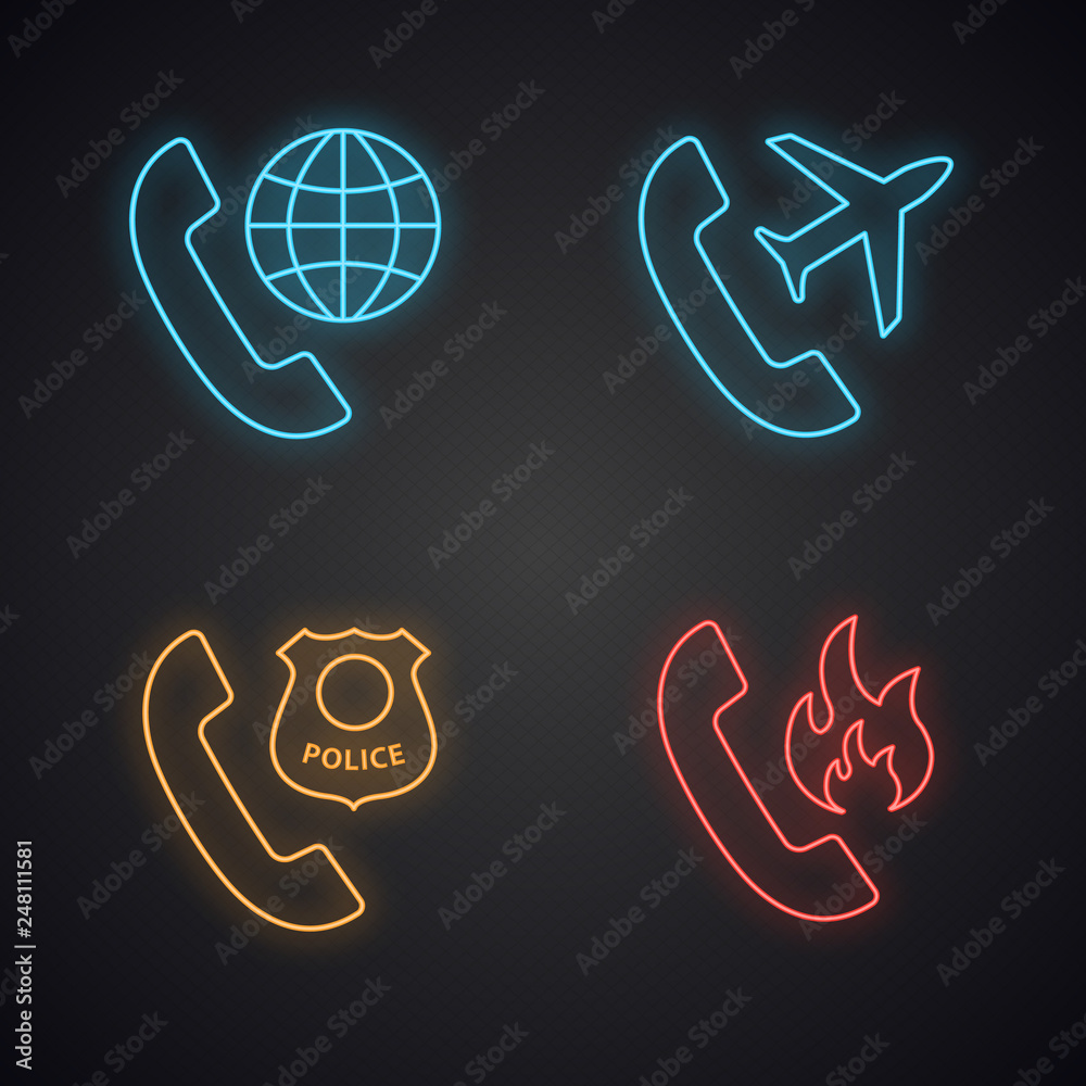 Sticker Phone services neon light icons set