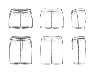 Blank clothing templates of female and male swimming shorts in front, side, back views. Vector illustration isolated on white background. - 248111537