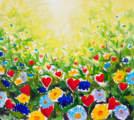 Children kids drawing painting artwork - flower yellow blue daisy wildflowers and red hearts - romantic kid childlike landscape painting art