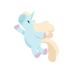 Beautiful Happy Unicorn, Cute Light Blue Magic Fantasy Animal Vector Illustration