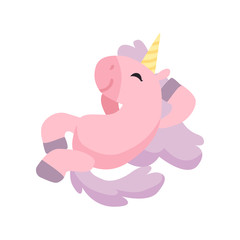 Beautiful Pink Unicorn, Cute Sleeping Magic Fantasy Animal Vector Illustration