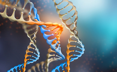 DNA genome research. DNA molecule structure. 3D double helix illustration. Genetic engineering of the future