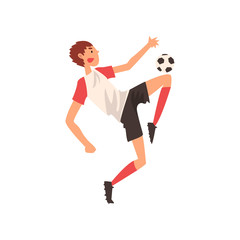 Obraz premium Soccer Player Kicking Ball, Professional Football Player Character in Sports Uniform Vector Illustration