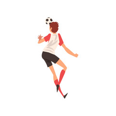 Soccer Player Shooting Ball with Head, Football Player Character in Uniform, Back View Vector Illustration