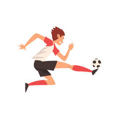 Fototapeta na wymiar Soccer Player Kicking Ball, Football Player Character in Sports Uniform Training and Practicing Football Vector Illustration