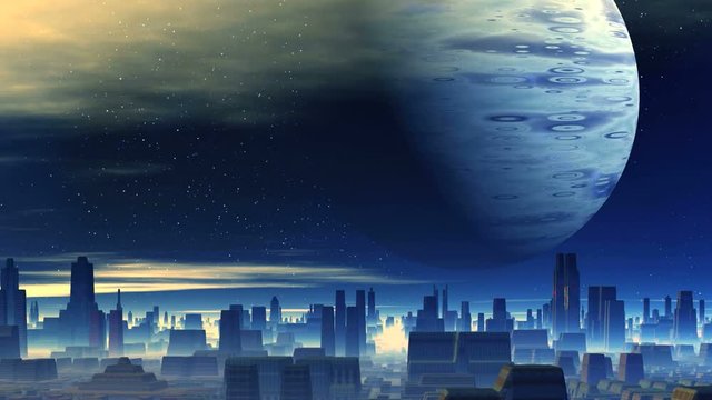 Huge Planet over Alien City. In the city of thick white fog. In the dark starry sky, a large planet, slowly floating clouds. All filled in blue light. 