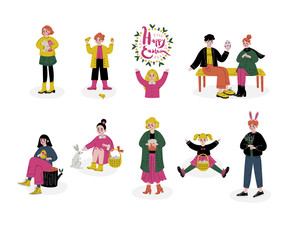 Fototapeta premium Happy Easter, Children Celebrating Holiday, Boys and Girls Holding Basket of Colorful Eggs, Cakes, Branches of Spring Trees Set Vector Illustration