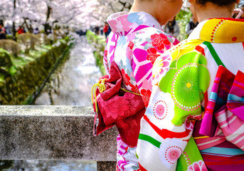 Kimono Women in traditional wear Japanese Kimono or Yukata at Sakura Philosopher’s walk path Kyoto , Japan