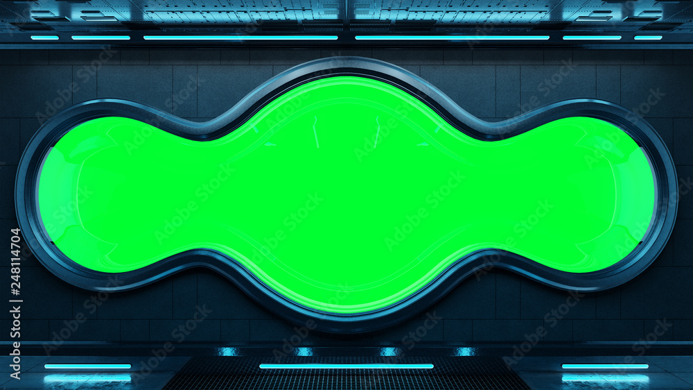 Poster Black tech spaceship round window interior background 3D rendering
