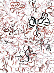 Hand-drawn graphics on a white background. Purple flowers. Hand painted. Seamless pattern.