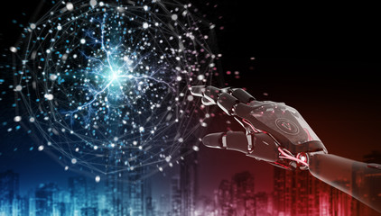 Red robot hacking a digital globe system 3D rendering