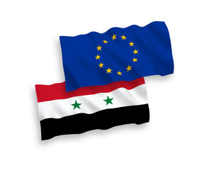 National vector fabric wave flags of Syria and European Union isolated on white background. 1 to 2 proportion.
