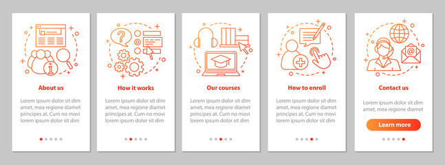 Online courses onboarding mobile app page screen with linear con