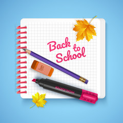 Colorful postcard in honor of back to school, Welcome back to school card with school supplies and stationery. Vector illustration