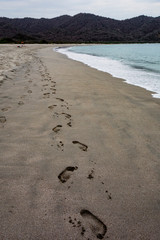 Foot steps in the sand on the beach