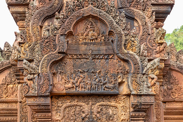 wonderful carvings in the kudu-arch at the temple.Banteay Srei temple, Siem Reap, Cambodia, Asia