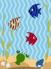 Fototapeta premium multi-colored fish, crayfish, shells stripe appliqué fabric sea bottom