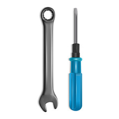 Tool kit, wrench and screwdriver on white background, vector illustration