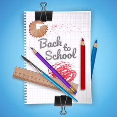 Notebook sheet and school supplies on colorful bright background, stationery postcard back to school. Vector illustration